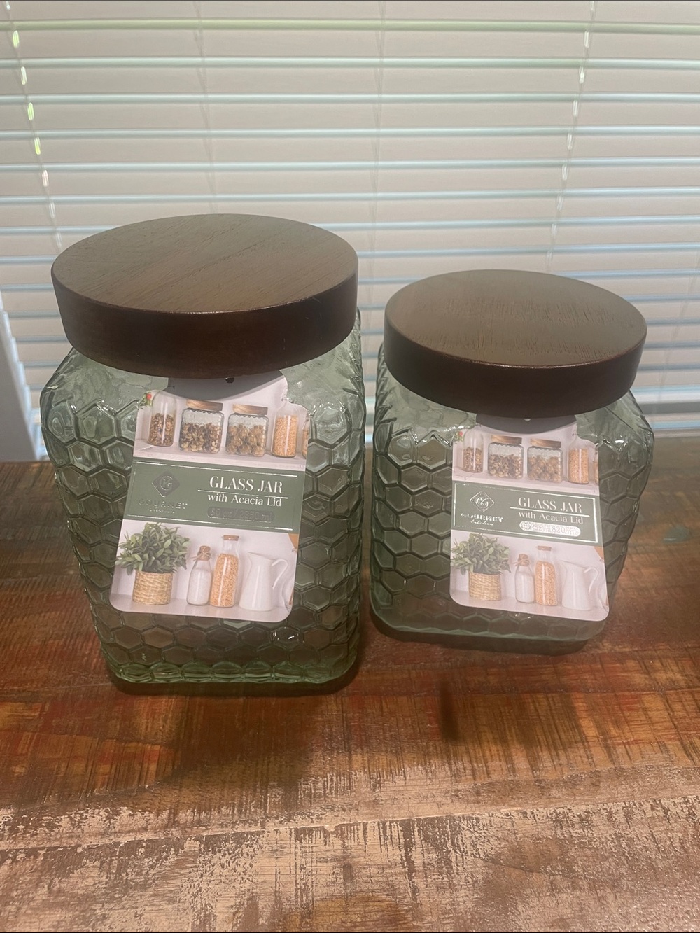 Gourmet Kitchen Green Glass with Designs Canister Set with AcaciaLids - 2 Pieces - Picture 2 of 6